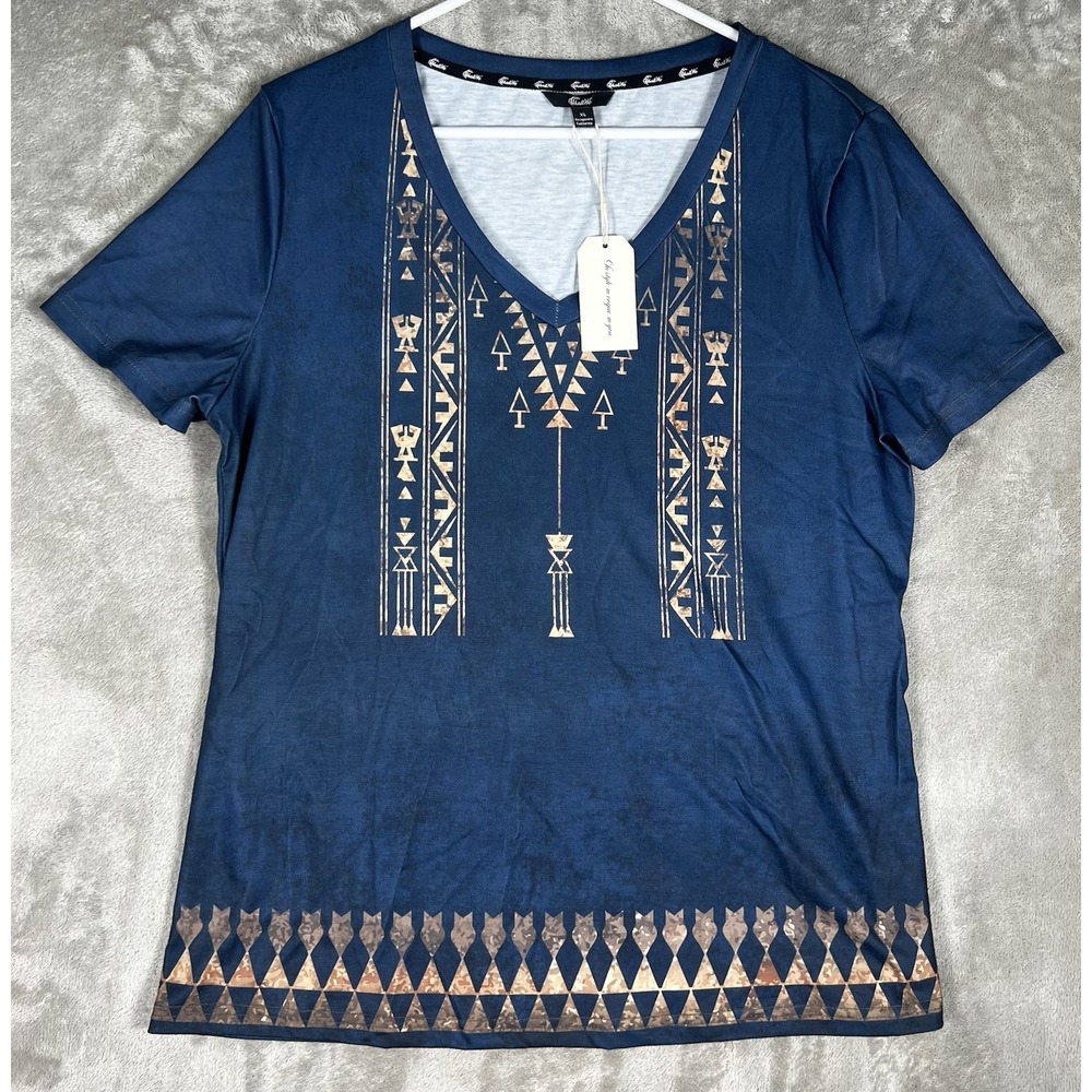 Shall We Blouse Top NEW‎ womans XL Blue Abstract Print V neck short Sleeve shirt